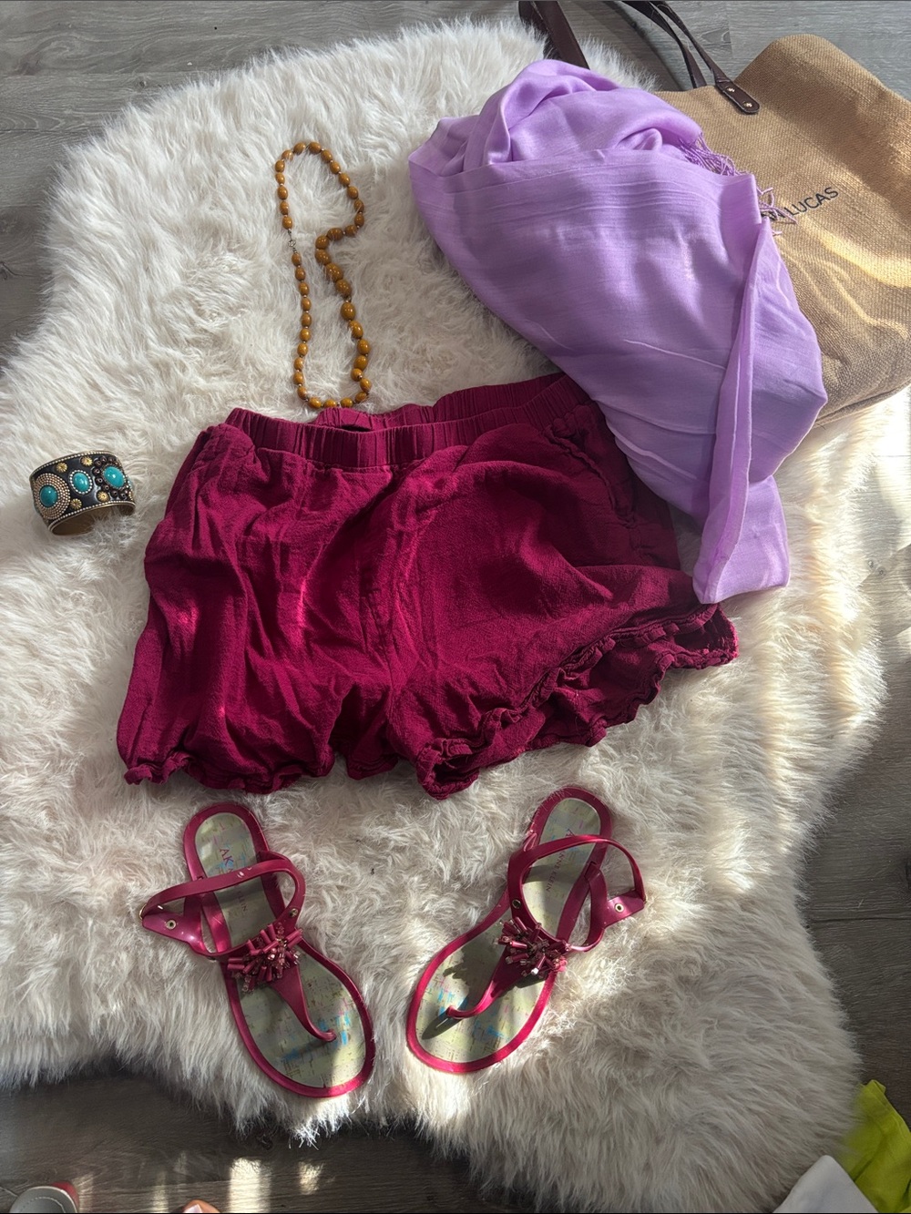 And Now This Women's Elastic Waist Ruffle Hem Shorts - Berry